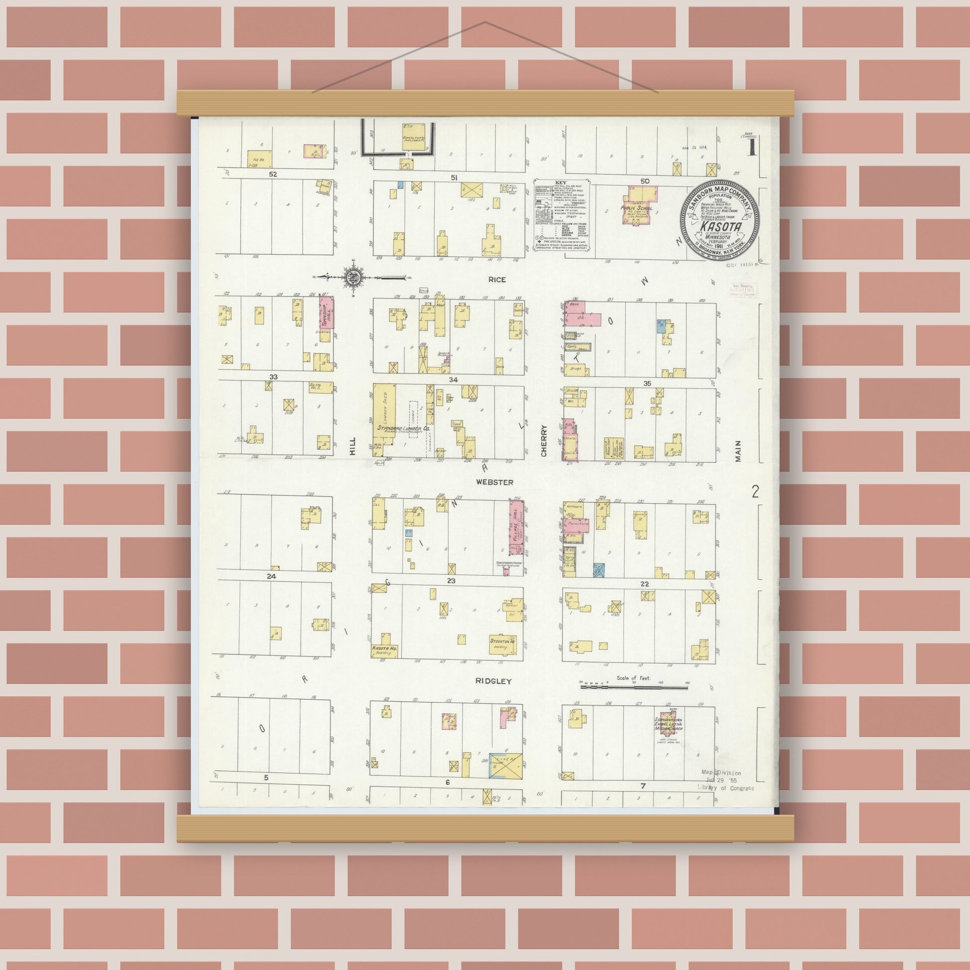 Old map wall art mockup — magnetic wood frame on brick wall — Sanborn Fire Insurance Map from Kasota, Le Sueur County, Minnesota (1911) - Complete Map Set