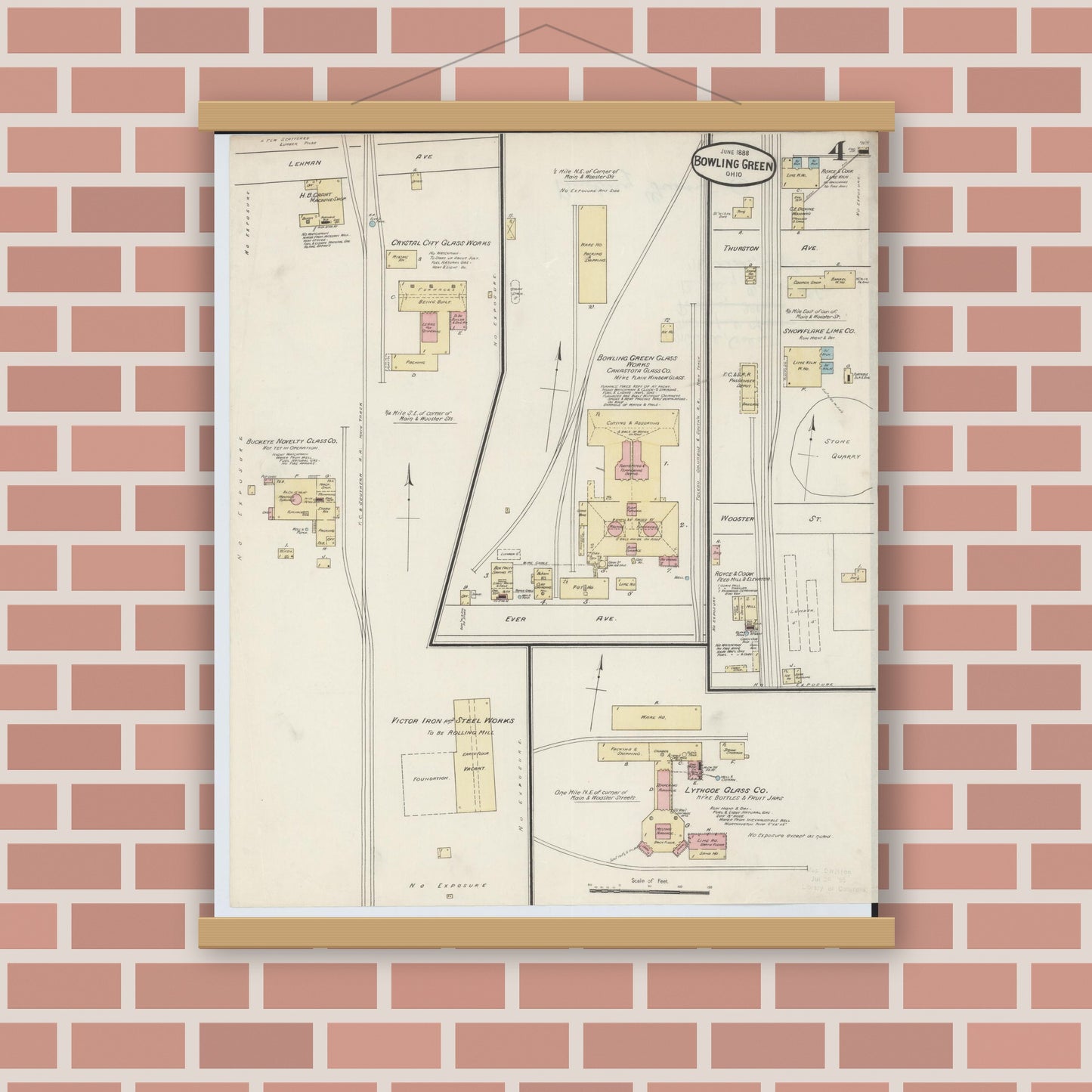 Old map wall art mockup — magnetic wood frame on brick wall — Sanborn Fire Insurance Map from Bowling Green, Wood County, Ohio (1888), Sheet #0004