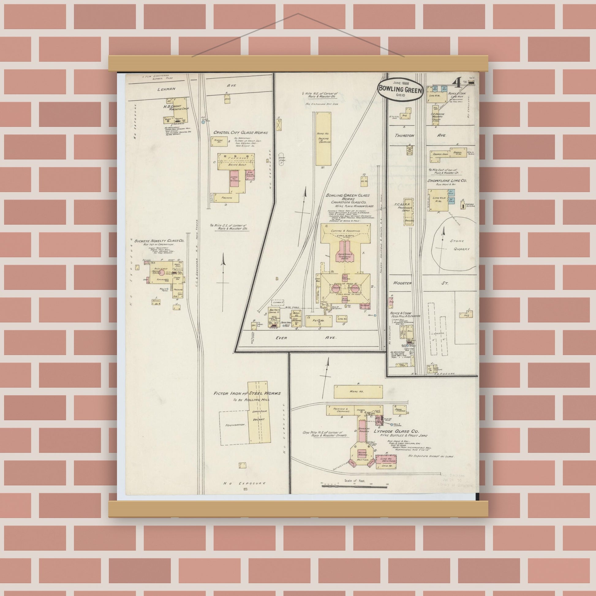 Old map wall art mockup — magnetic wood frame on brick wall — Sanborn Fire Insurance Map from Bowling Green, Wood County, Ohio (1888), Sheet #0004