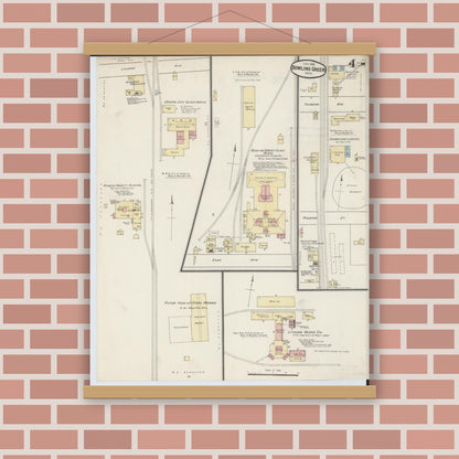 Old map wall art mockup — magnetic wood frame on brick wall — Sanborn Fire Insurance Map from Bowling Green, Wood County, Ohio (1888), Sheet #0004