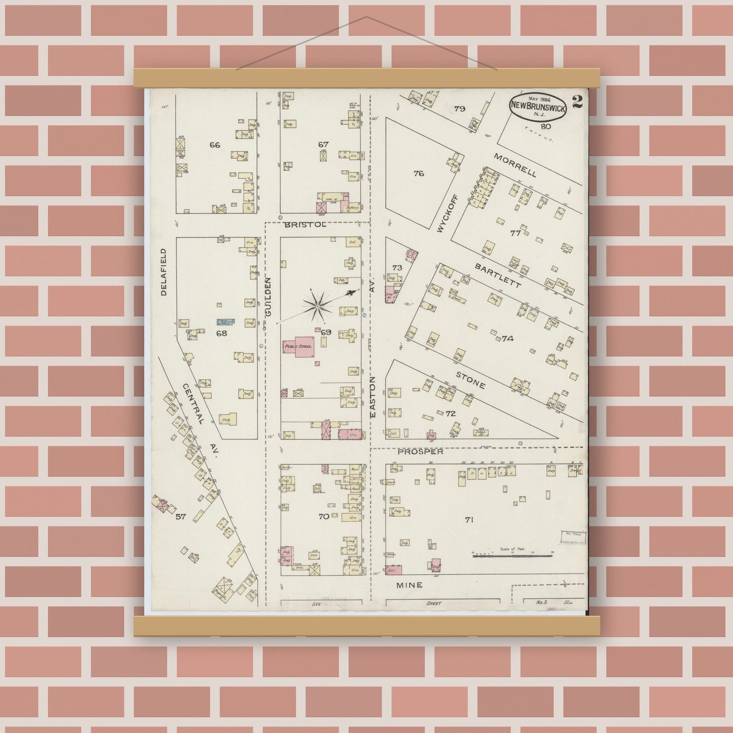 Old map wall art mockup — magnetic wood frame on brick wall — Sanborn Fire Insurance Map from New Brunswick, Middlesex County, New Jersey (1886), Sheet #0002