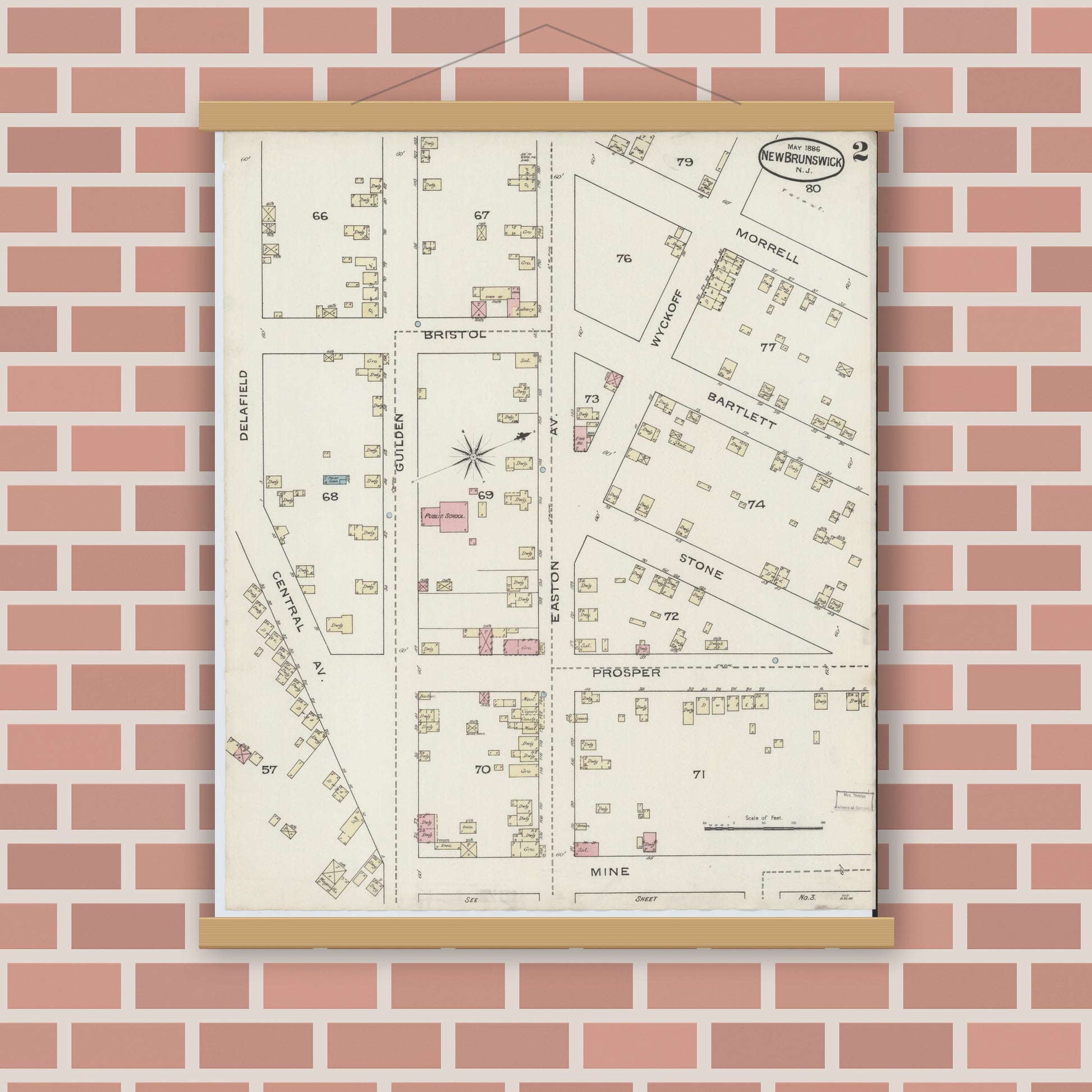 Old map wall art mockup — magnetic wood frame on brick wall — Sanborn Fire Insurance Map from New Brunswick, Middlesex County, New Jersey (1886), Sheet #0002