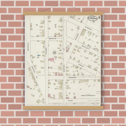 Old map wall art mockup — magnetic wood frame on brick wall — Sanborn Fire Insurance Map from New Brunswick, Middlesex County, New Jersey (1886), Sheet #0002