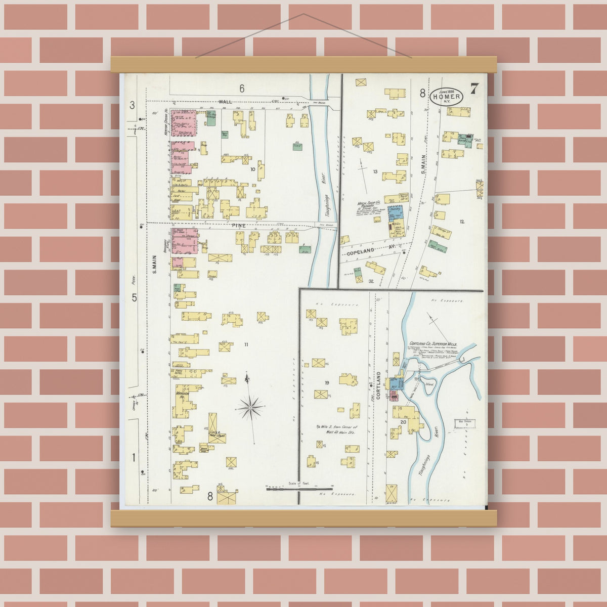 Old map wall art mockup — magnetic wood frame on brick wall — Sanborn Fire Insurance Map from Homer, Cortland County, New York (1898), Sheet #0007