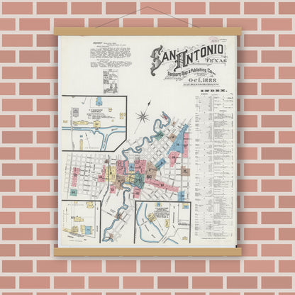 Old map wall art mockup — magnetic wood frame on brick wall — Sanborn Fire Insurance Map from San Antonio, Bexar County, Texas (1888), Sheet #0001