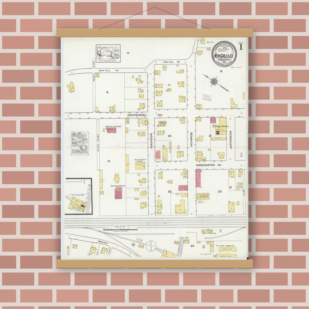 Old map wall art mockup — magnetic wood frame on brick wall — Sanborn Fire Insurance Map from New Gallilee, Beaver County, Pennsylvania (1921) - Complete Map Set