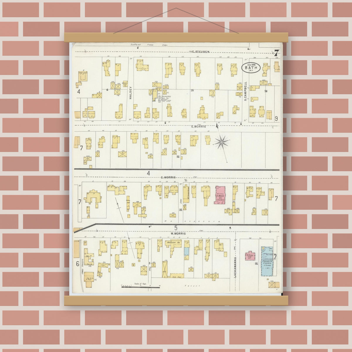 Old map wall art mockup — magnetic wood frame on brick wall — Sanborn Fire Insurance Map from Bath, Steuben County, New York (1898), Sheet #0007