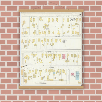 Old map wall art mockup — magnetic wood frame on brick wall — Sanborn Fire Insurance Map from Bath, Steuben County, New York (1898), Sheet #0007