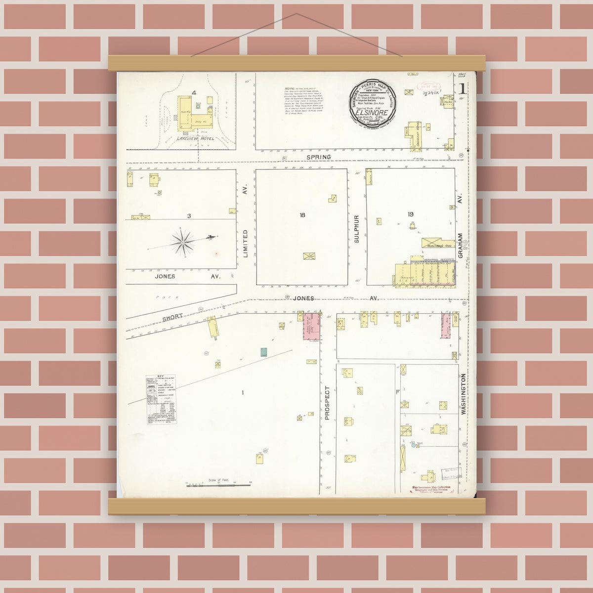 Old map wall art mockup — magnetic wood frame on brick wall — Sanborn Fire Insurance Map from Elsinore, Riverside County, California (1892), Sheet #0001