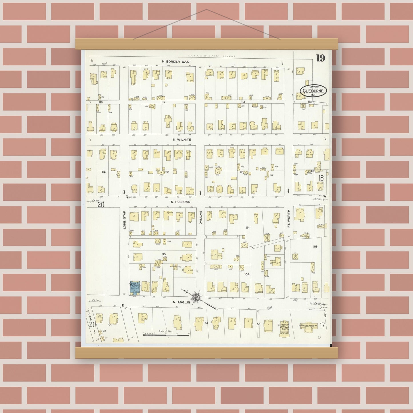 Old map wall art mockup — magnetic wood frame on brick wall — Sanborn Fire Insurance Map from Cleburne, Johnson County, Texas (1910), Sheet #0019