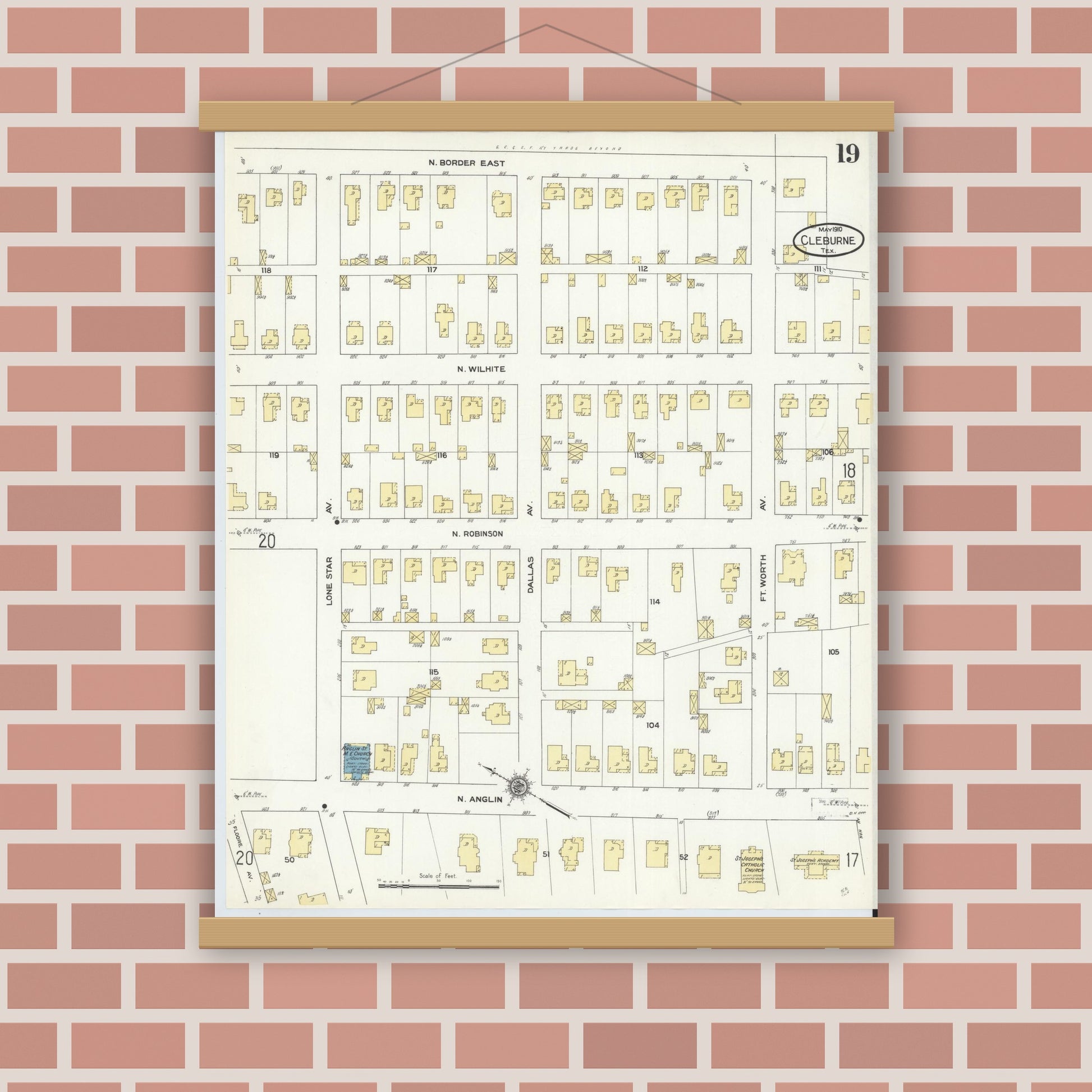 Old map wall art mockup — magnetic wood frame on brick wall — Sanborn Fire Insurance Map from Cleburne, Johnson County, Texas (1910), Sheet #0019