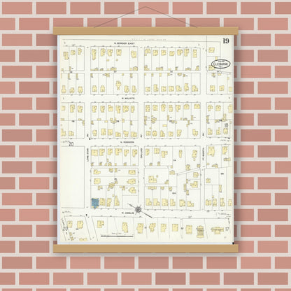 Old map wall art mockup — magnetic wood frame on brick wall — Sanborn Fire Insurance Map from Cleburne, Johnson County, Texas (1910), Sheet #0019