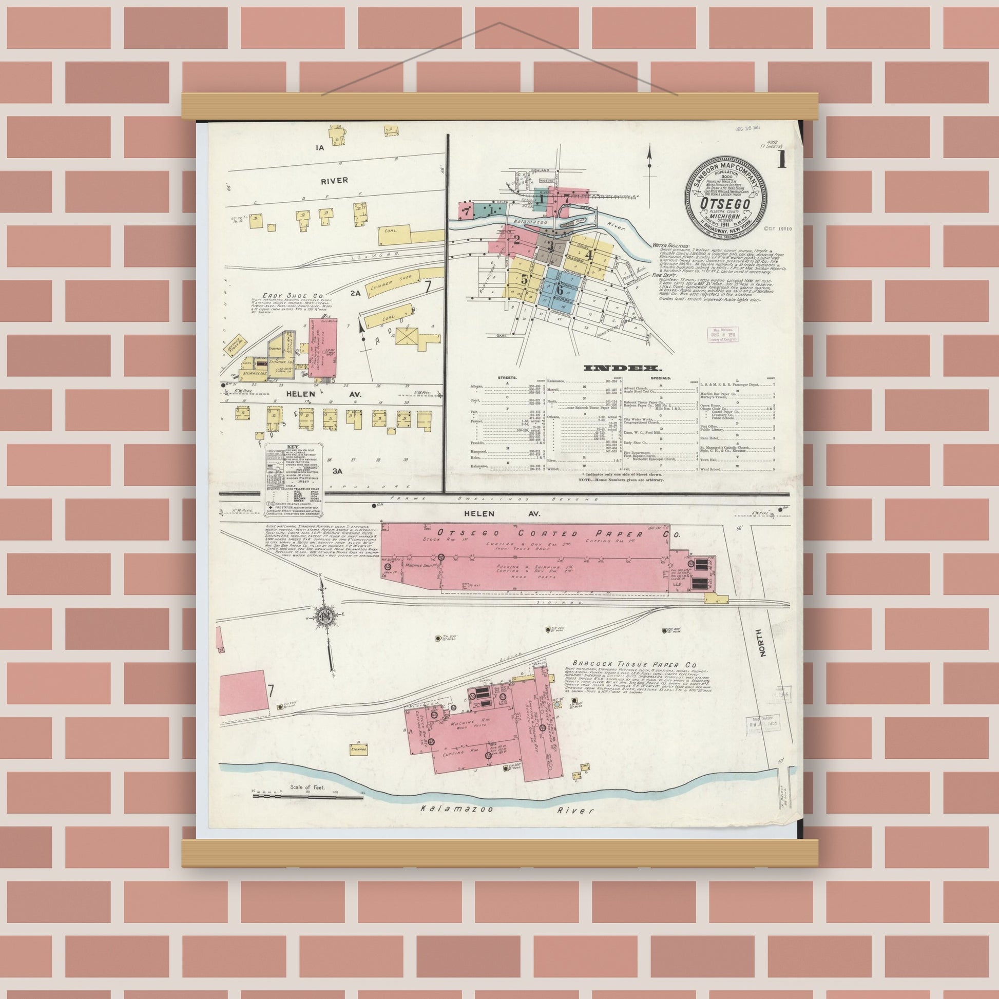 Old map wall art mockup — magnetic wood frame on brick wall — Sanborn Fire Insurance Map from Otsego, Allegan County, Michigan (1911) - Complete Map Set