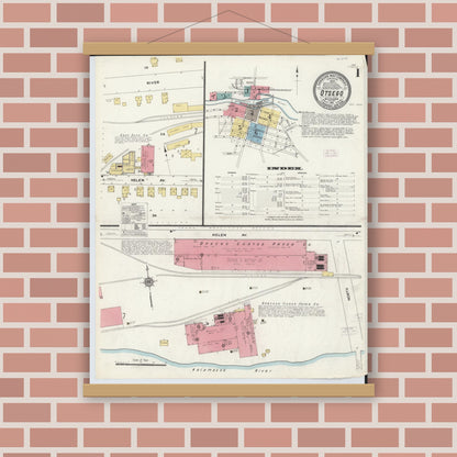 Old map wall art mockup — magnetic wood frame on brick wall — Sanborn Fire Insurance Map from Otsego, Allegan County, Michigan (1911) - Complete Map Set