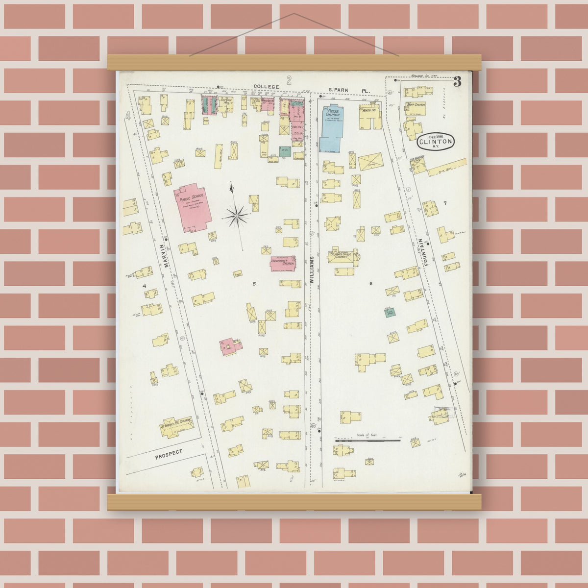 Old map wall art mockup — magnetic wood frame on brick wall — Sanborn Fire Insurance Map from Clinton, Oneida County, New York (1895), Sheet #0003