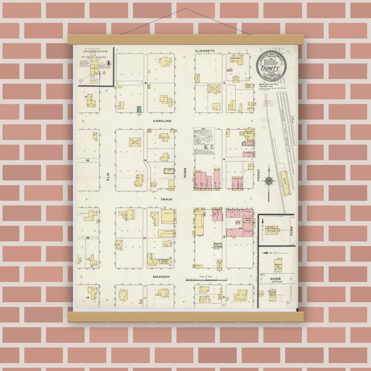 Old map wall art mockup — magnetic wood frame on brick wall — Sanborn Fire Insurance Map from Trinity, Trinity County, Texas (1909), Sheet #0001
