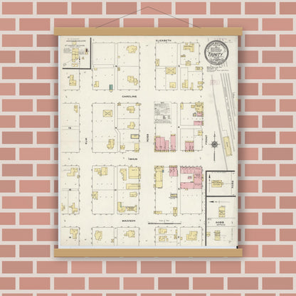 Old map wall art mockup — magnetic wood frame on brick wall — Sanborn Fire Insurance Map from Trinity, Trinity County, Texas (1909), Sheet #0001