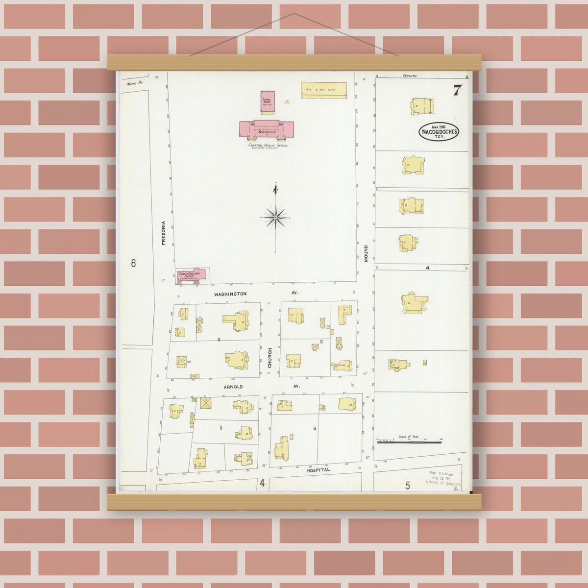 Old map wall art mockup — magnetic wood frame on brick wall — Sanborn Fire Insurance Map from Nacogdoches, Nacogdoches County, Texas (1906), Sheet #0007