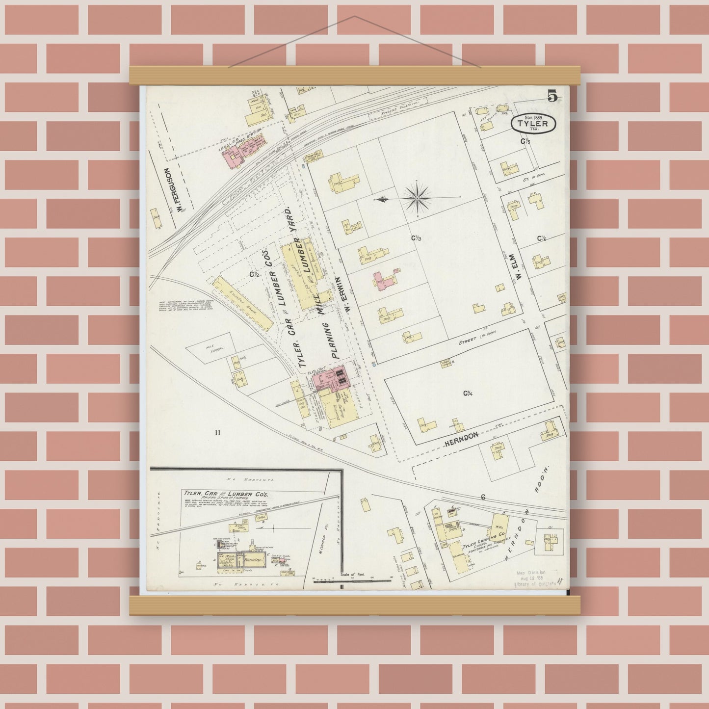 Old map wall art mockup — magnetic wood frame on brick wall — Sanborn Fire Insurance Map from Tyler, Smith County, Texas (1889), Sheet #0005
