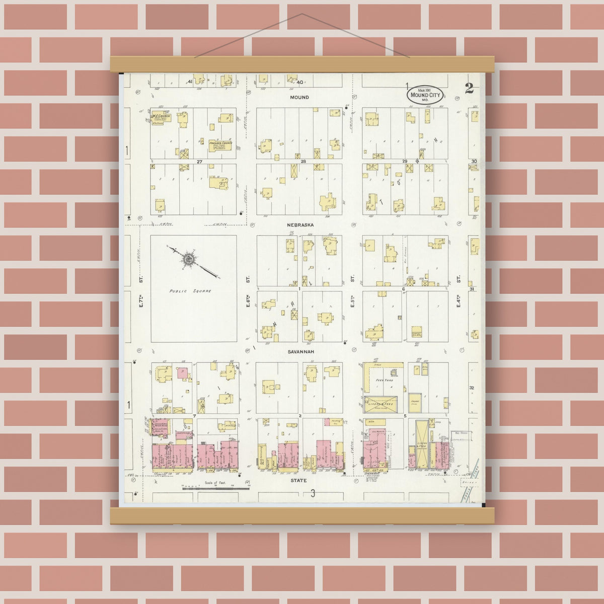 Old map wall art mockup — magnetic wood frame on brick wall — Sanborn Fire Insurance Map from Mound City, Holt County, Missouri (1911), Sheet #0002