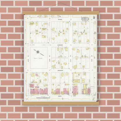 Old map wall art mockup — magnetic wood frame on brick wall — Sanborn Fire Insurance Map from Mound City, Holt County, Missouri (1911), Sheet #0002