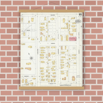Old map wall art mockup — magnetic wood frame on brick wall — Sanborn Fire Insurance Map from Green Bay, Brown County, Wisconsin (1900), Sheet #0021