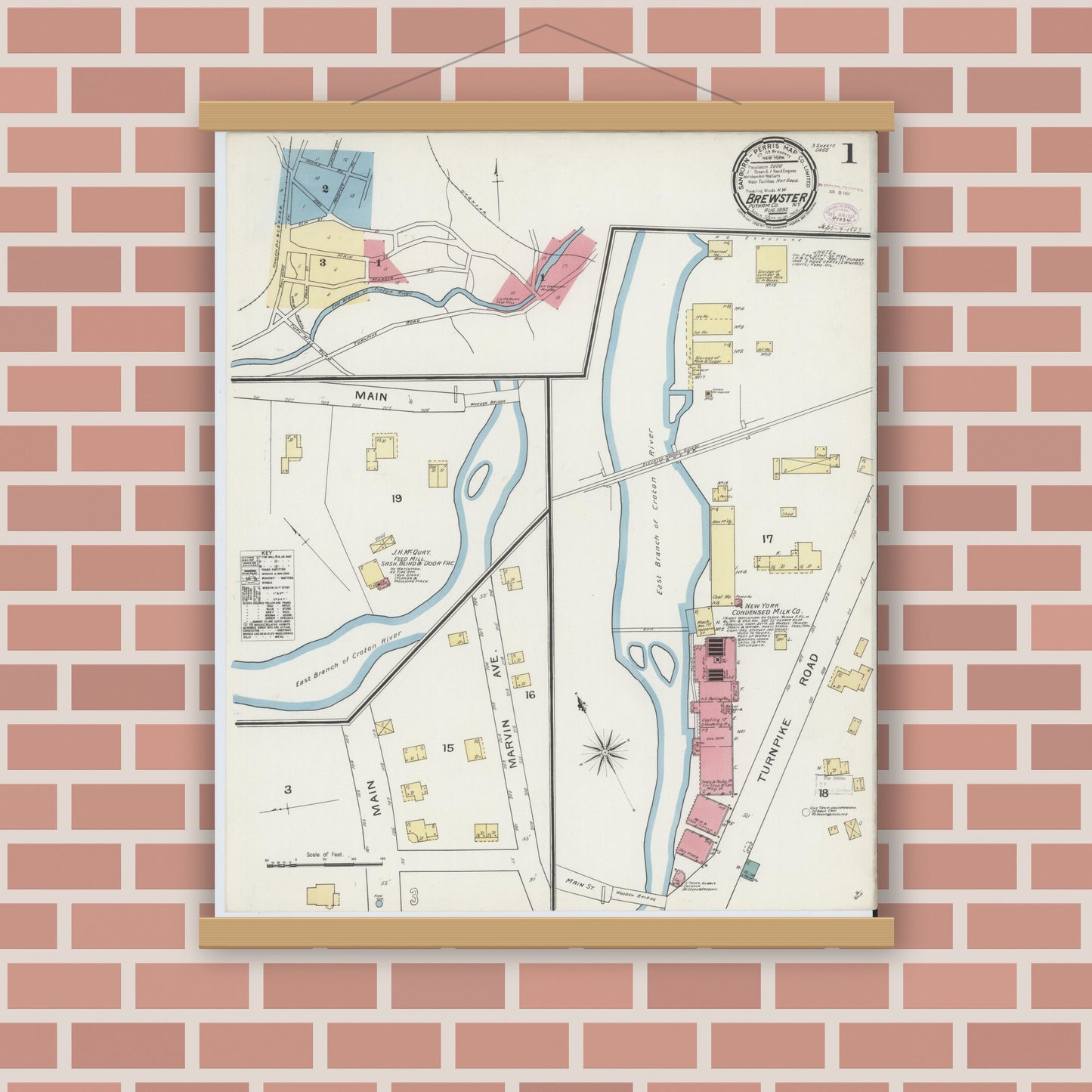 Old map wall art mockup — magnetic wood frame on brick wall — Sanborn Fire Insurance Map from Brewster, Putnam County, New York (1893) - Complete Map Set