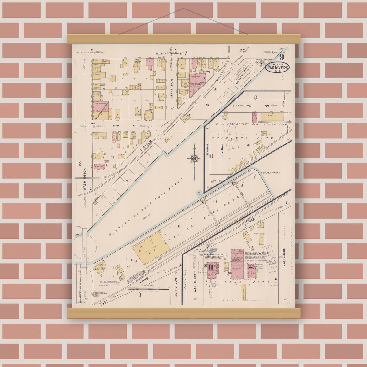 Old map wall art mockup — magnetic wood frame on brick wall — Sanborn Fire Insurance Map from Two Rivers, Manitowoc County, Wisconsin (1922), Sheet #0009