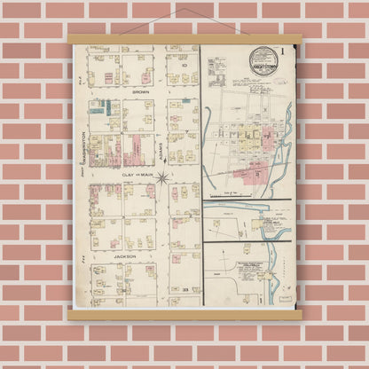 Old map wall art mockup — magnetic wood frame on brick wall — Sanborn Fire Insurance Map from Knightstown, Henry County, Indiana (1885) - Complete Map Set