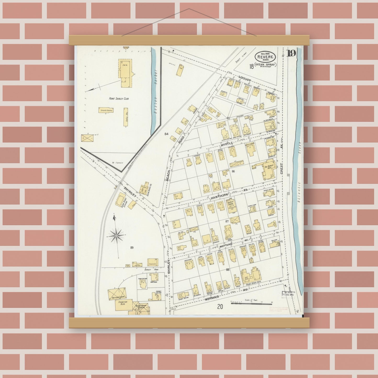 Old map wall art mockup — magnetic wood frame on brick wall — Sanborn Fire Insurance Map from Revere, Suffolk County, Massachusetts (1900), Sheet #0019