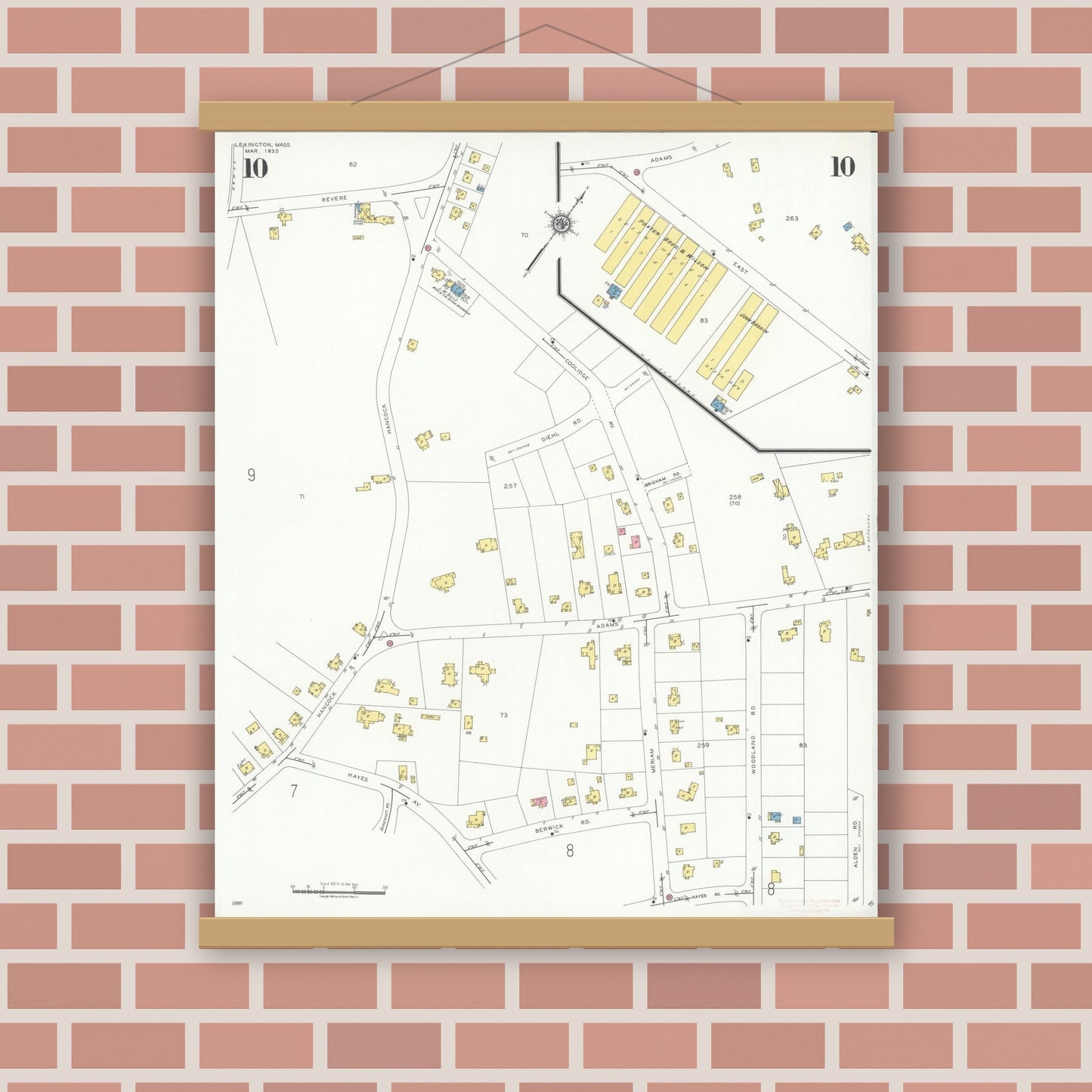 Old map wall art mockup — magnetic wood frame on brick wall — Sanborn Fire Insurance Map from Lexington, Middlesex County, Massachusetts (1935), Sheet #0010