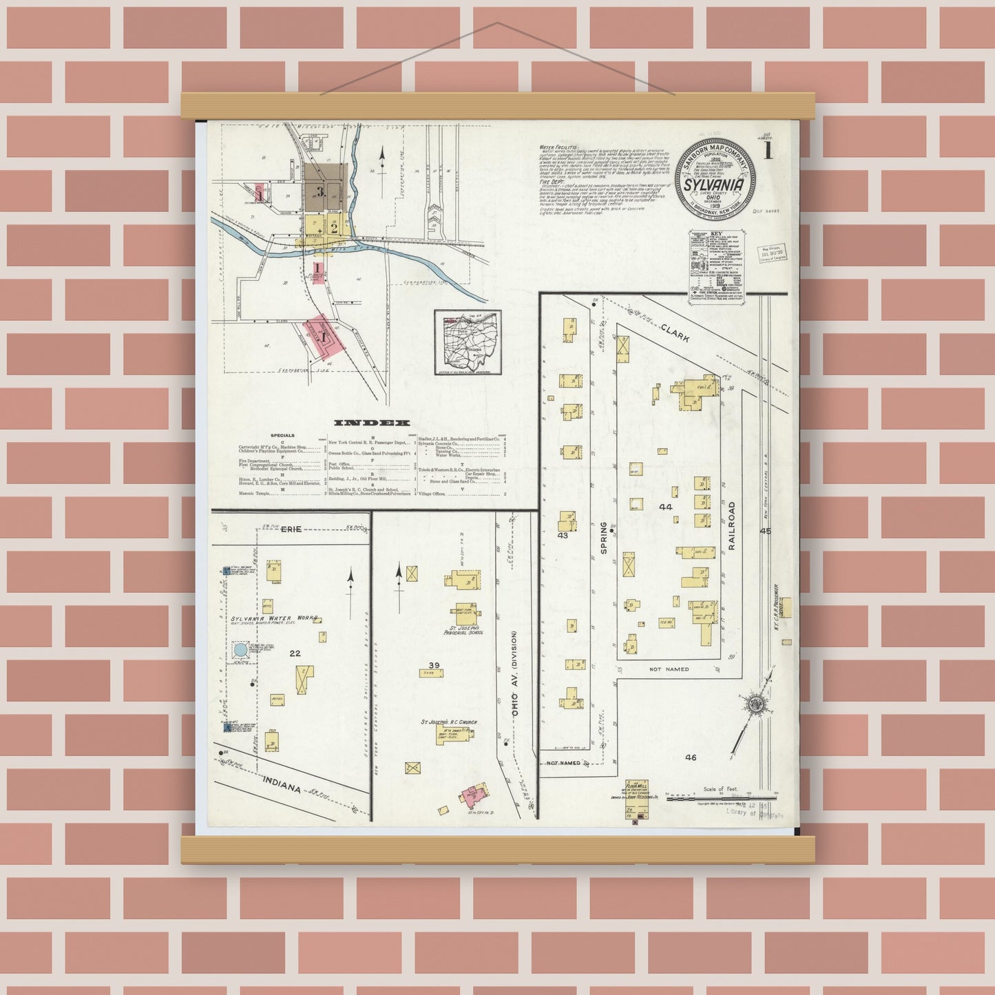 Old map wall art mockup — magnetic wood frame on brick wall — Sanborn Fire Insurance Map from Sylvania, Lucas County, Ohio (1919) - Complete Map Set