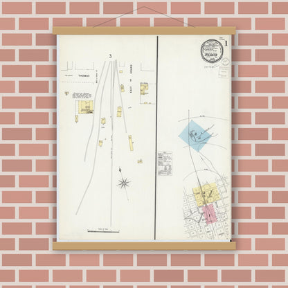 Old map wall art mockup — magnetic wood frame on brick wall — Sanborn Fire Insurance Map from Atlanta, Cass County, Texas (1896), Sheet #0001