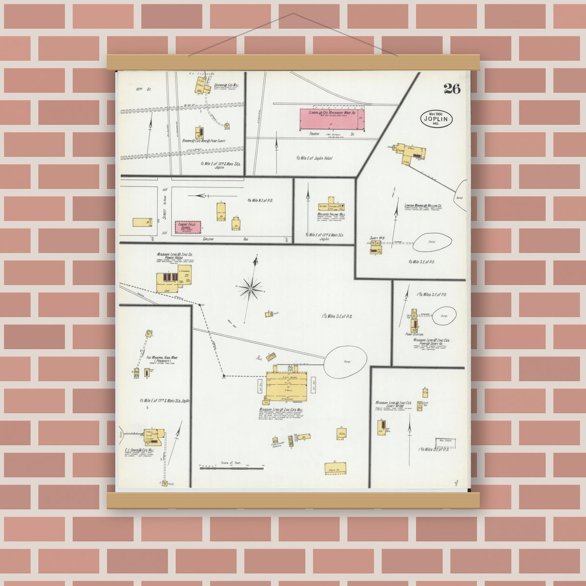 Old map wall art mockup — magnetic wood frame on brick wall — Sanborn Fire Insurance Map from Joplin, Jasper County, Missouri (1900), Sheet #0026