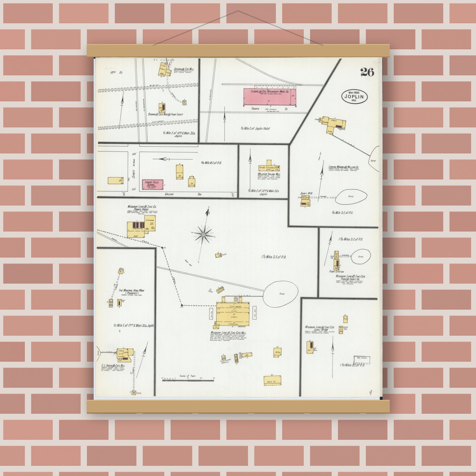 Old map wall art mockup — magnetic wood frame on brick wall — Sanborn Fire Insurance Map from Joplin, Jasper County, Missouri (1900), Sheet #0026