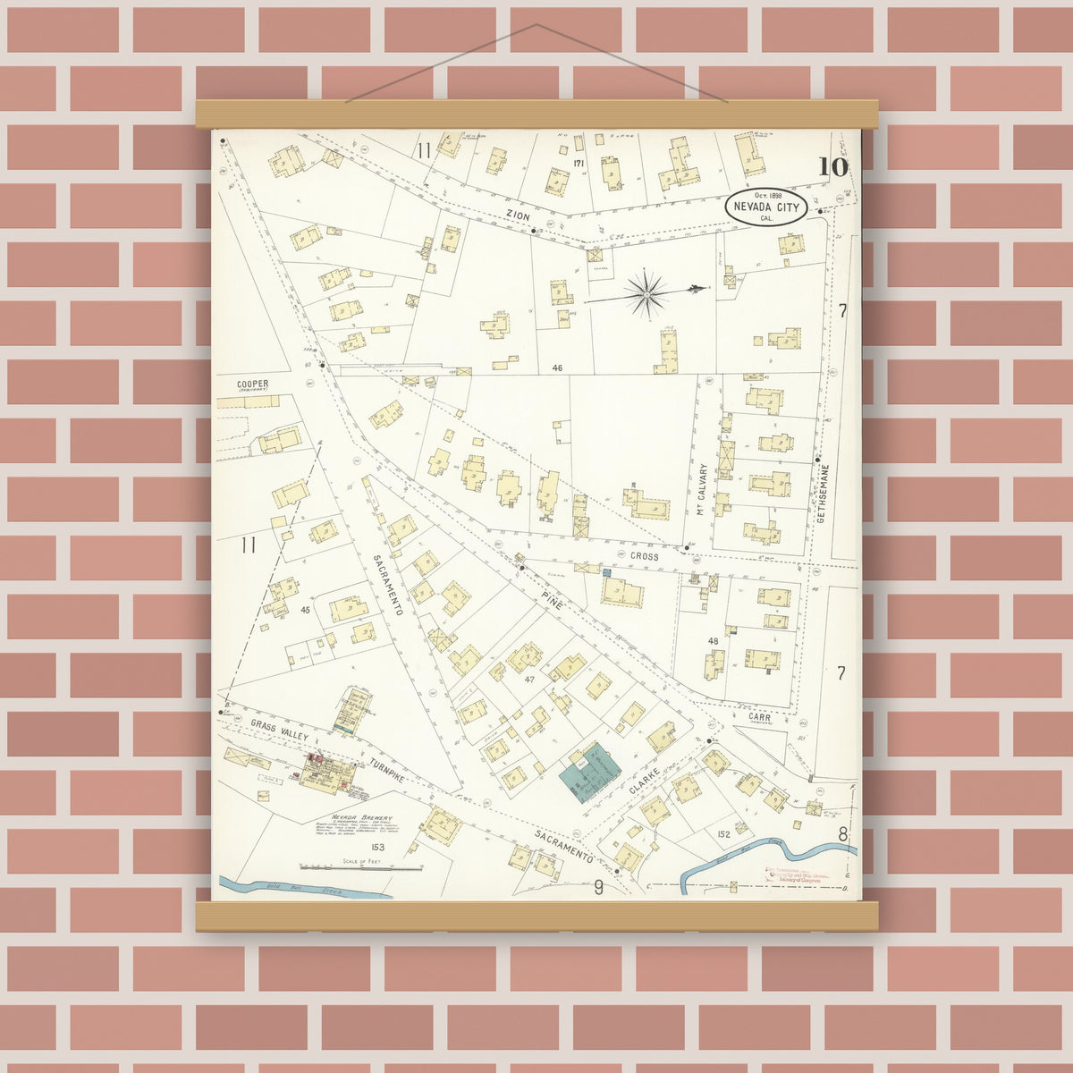 Old map wall art mockup — magnetic wood frame on brick wall — Sanborn Fire Insurance Map from Nevada City, Nevada County, California (1898), Sheet #0010