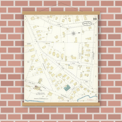 Old map wall art mockup — magnetic wood frame on brick wall — Sanborn Fire Insurance Map from Nevada City, Nevada County, California (1898), Sheet #0010