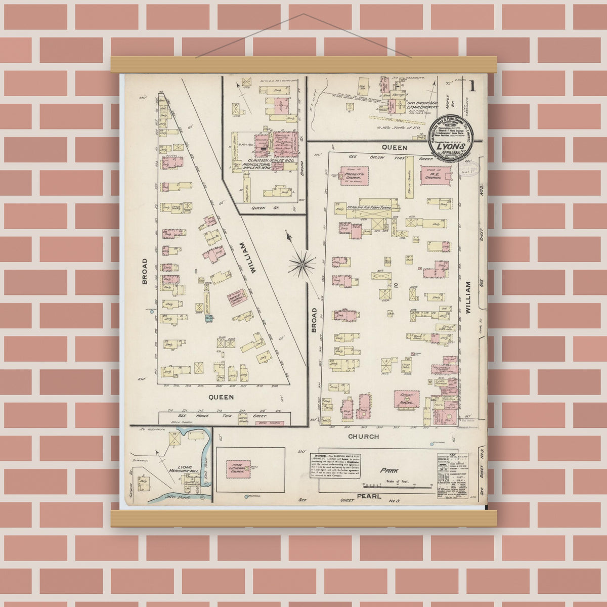 Old map wall art mockup — magnetic wood frame on brick wall — Sanborn Fire Insurance Map from Lyons, Wayne County, New York (1884) - Complete Map Set