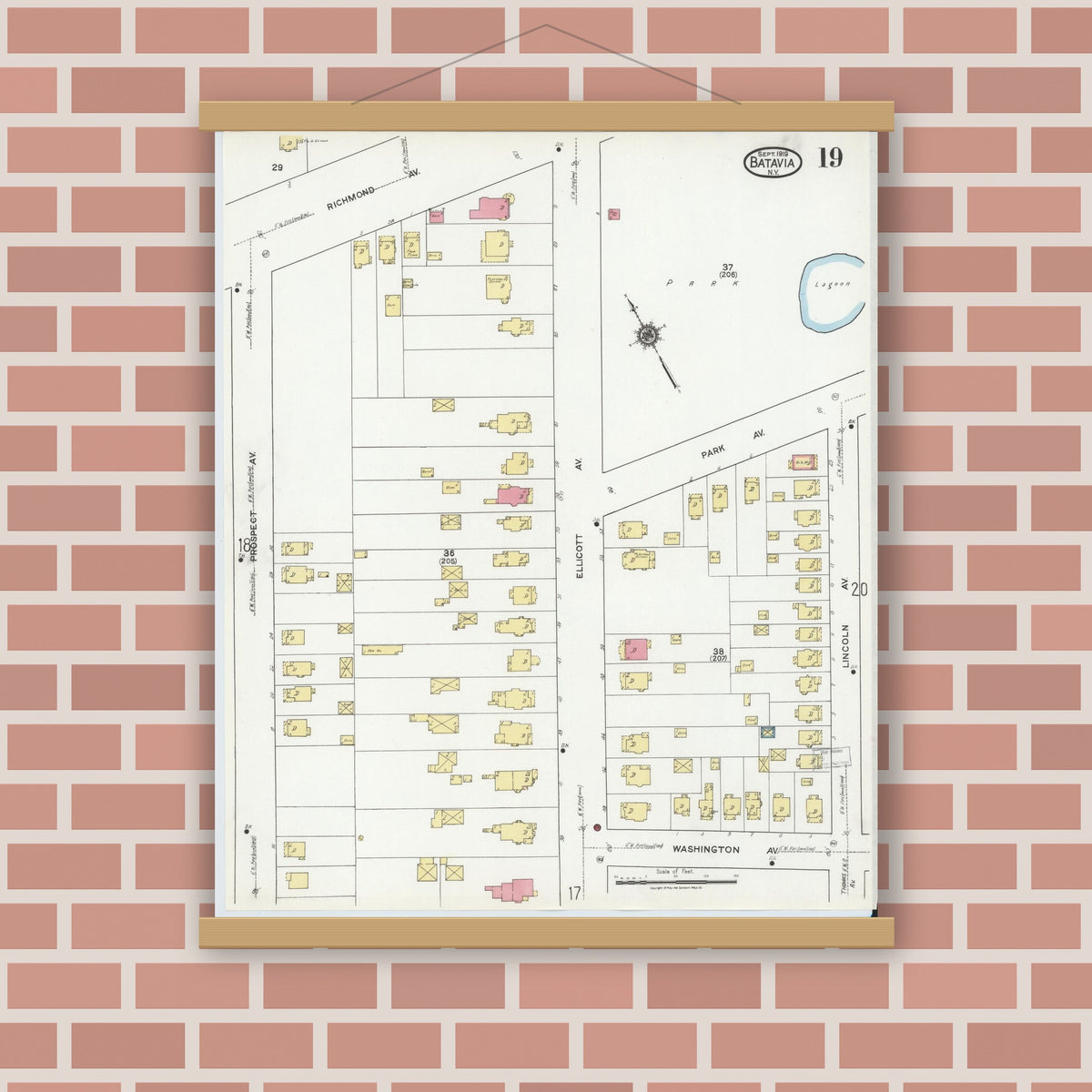 Old map wall art mockup — magnetic wood frame on brick wall — Sanborn Fire Insurance Map from Batavia, Genesee County, New York (1919), Sheet #0019