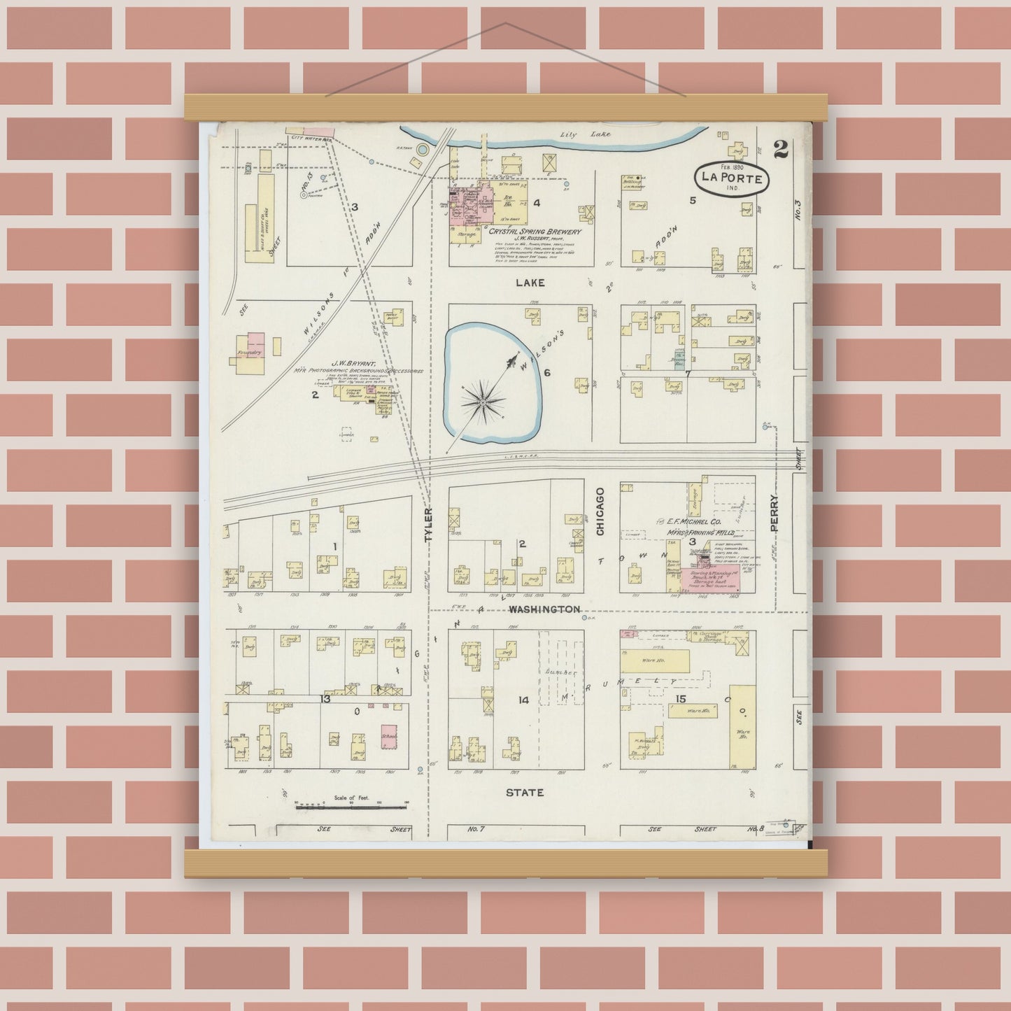 Old map wall art mockup — magnetic wood frame on brick wall — Sanborn Fire Insurance Map from La Porte, La Porte County, Indiana (1890), Sheet #0002