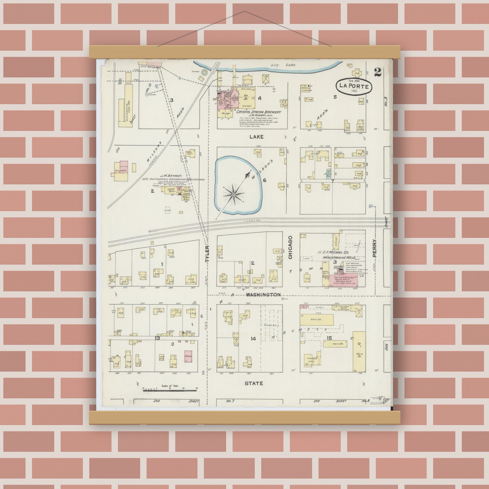 Old map wall art mockup — magnetic wood frame on brick wall — Sanborn Fire Insurance Map from La Porte, La Porte County, Indiana (1890), Sheet #0002