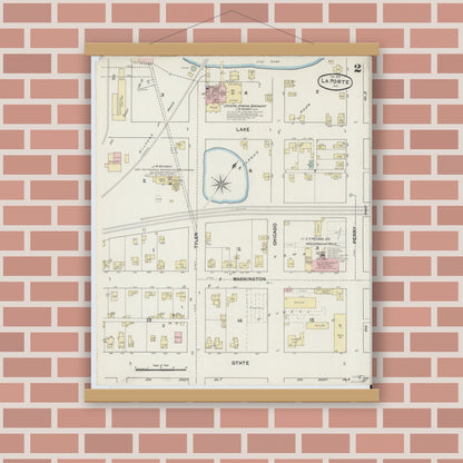 Old map wall art mockup — magnetic wood frame on brick wall — Sanborn Fire Insurance Map from La Porte, La Porte County, Indiana (1890), Sheet #0002