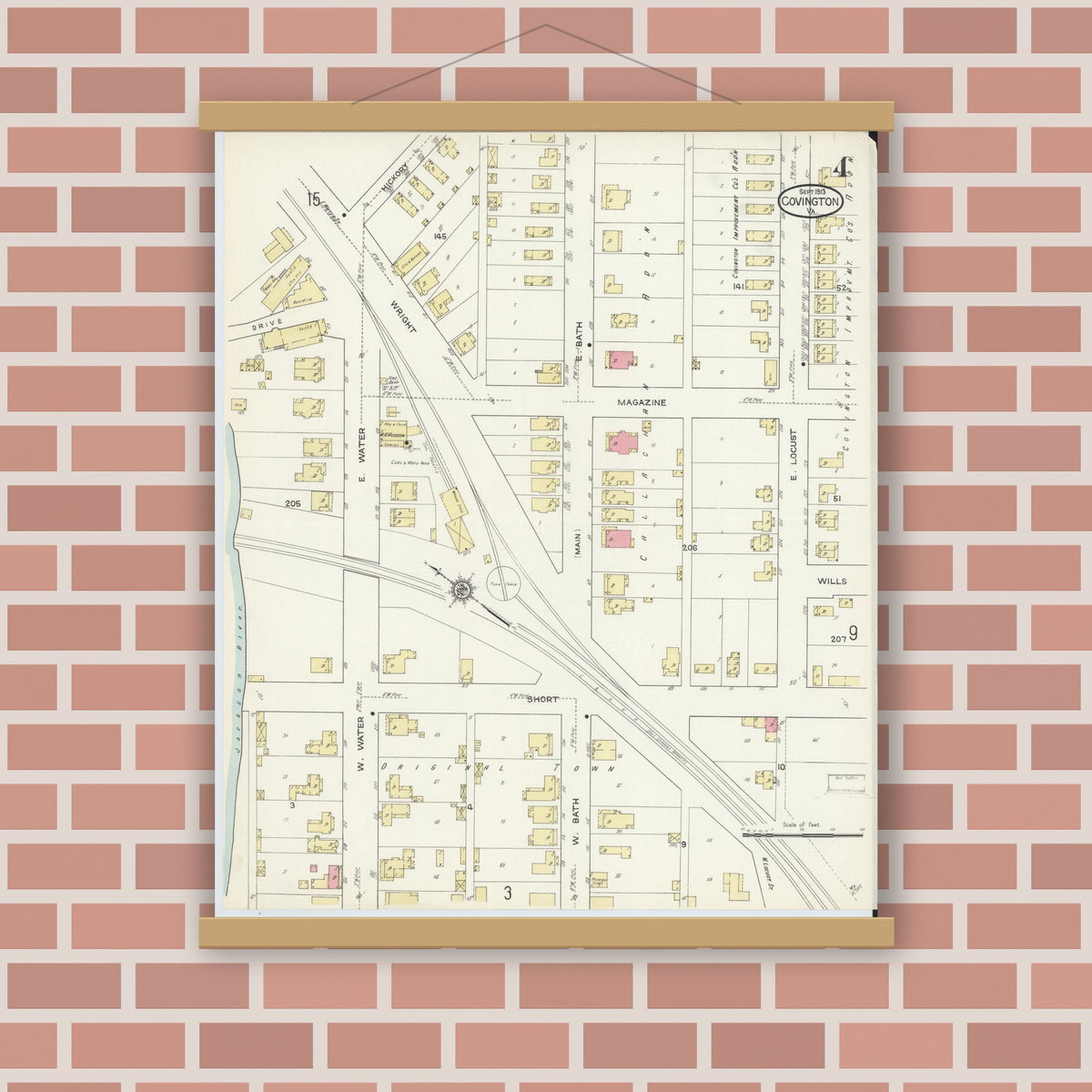 Old map wall art mockup — magnetic wood frame on brick wall — Sanborn Fire Insurance Map from Covington, Independent Cities, Virginia (1913), Sheet #0004