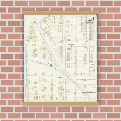 Old map wall art mockup — magnetic wood frame on brick wall — Sanborn Fire Insurance Map from Covington, Independent Cities, Virginia (1913), Sheet #0004