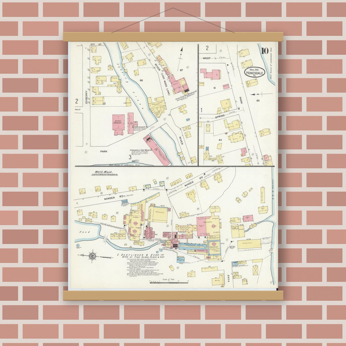 Old map wall art mockup — magnetic wood frame on brick wall — Sanborn Fire Insurance Map from Honesdale, Wayne County, Pennsylvania (1912), Sheet #0010