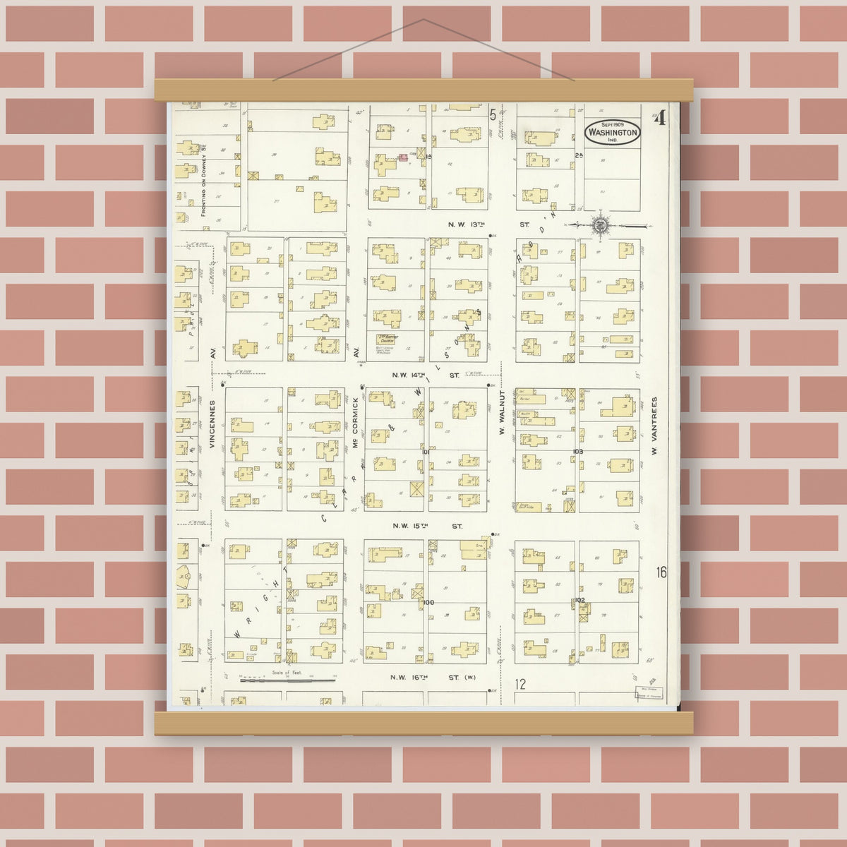Old map wall art mockup — magnetic wood frame on brick wall — Sanborn Fire Insurance Map from Washington, Daviess County, Indiana (1909), Sheet #0004
