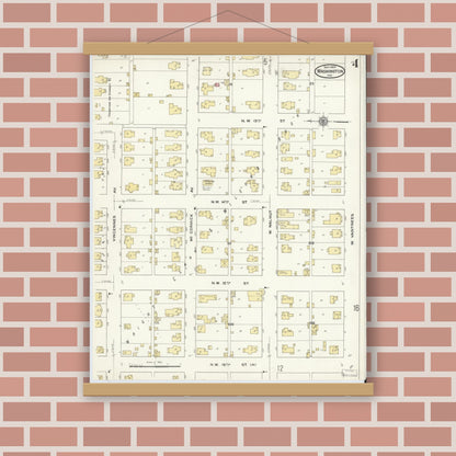 Old map wall art mockup — magnetic wood frame on brick wall — Sanborn Fire Insurance Map from Washington, Daviess County, Indiana (1909), Sheet #0004