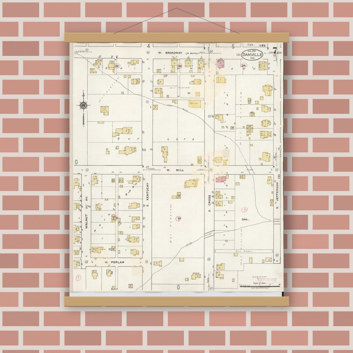 Old map wall art mockup — magnetic wood frame on brick wall — Sanborn Fire Insurance Map from Danville, Hendricks County, Indiana (1932), Sheet #0007