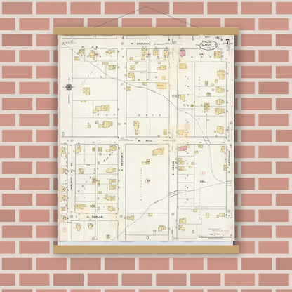 Old map wall art mockup — magnetic wood frame on brick wall — Sanborn Fire Insurance Map from Danville, Hendricks County, Indiana (1932), Sheet #0007