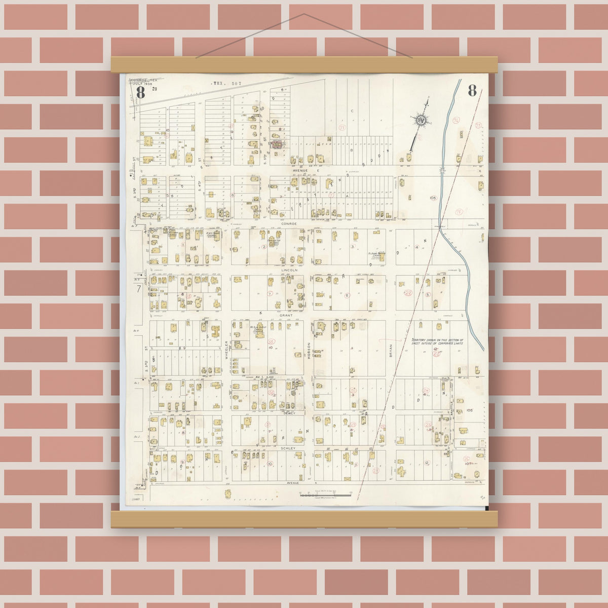 Old map wall art mockup — magnetic wood frame on brick wall — Sanborn Fire Insurance Map from Conroe, Montgomery County, Texas (1943), Sheet #0008